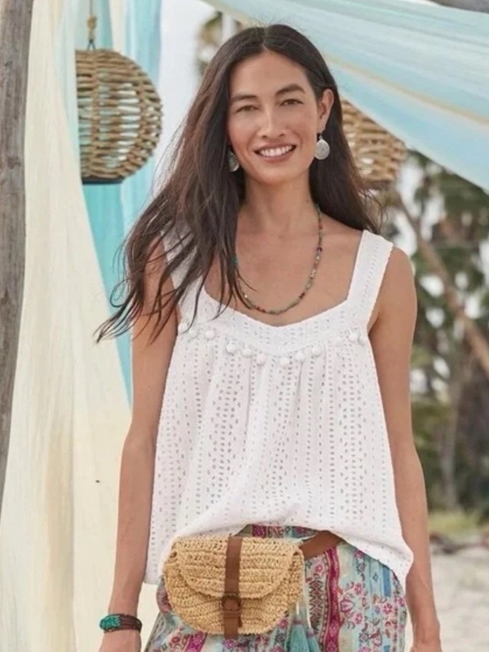 Sundance Sugar Sand Eyelet Pom Pom Lined Bohemian Tank Women’s Size Large